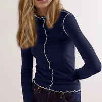 Basic Bae Contrast Trim Mock Neck Long Sleeve T-Shirt in navy with white trim, stylish and stretchy design.