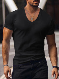 Men's plus size v-neck t-shirt in black with short sleeves, slightly stretchy polyester fabric, perfect for casual wear.