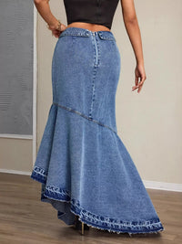 High-Waist Asymmetrical Slit Denim Maxi Mermaid Skirt showcasing the back design and flared hemline.