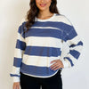 Oh Pima Cotton Wash Exposed Seam Contrast Striped Round Neck Long Sleeve T-Shirt