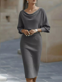 Cowl Neck Bodycon Midi Dress in grey with a relaxed fit and long sleeves, perfect for casual outings.