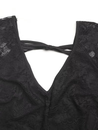 Lace V-Neck Slim Fit T-Shirt back view showcasing tied straps and sheer lace fabric.