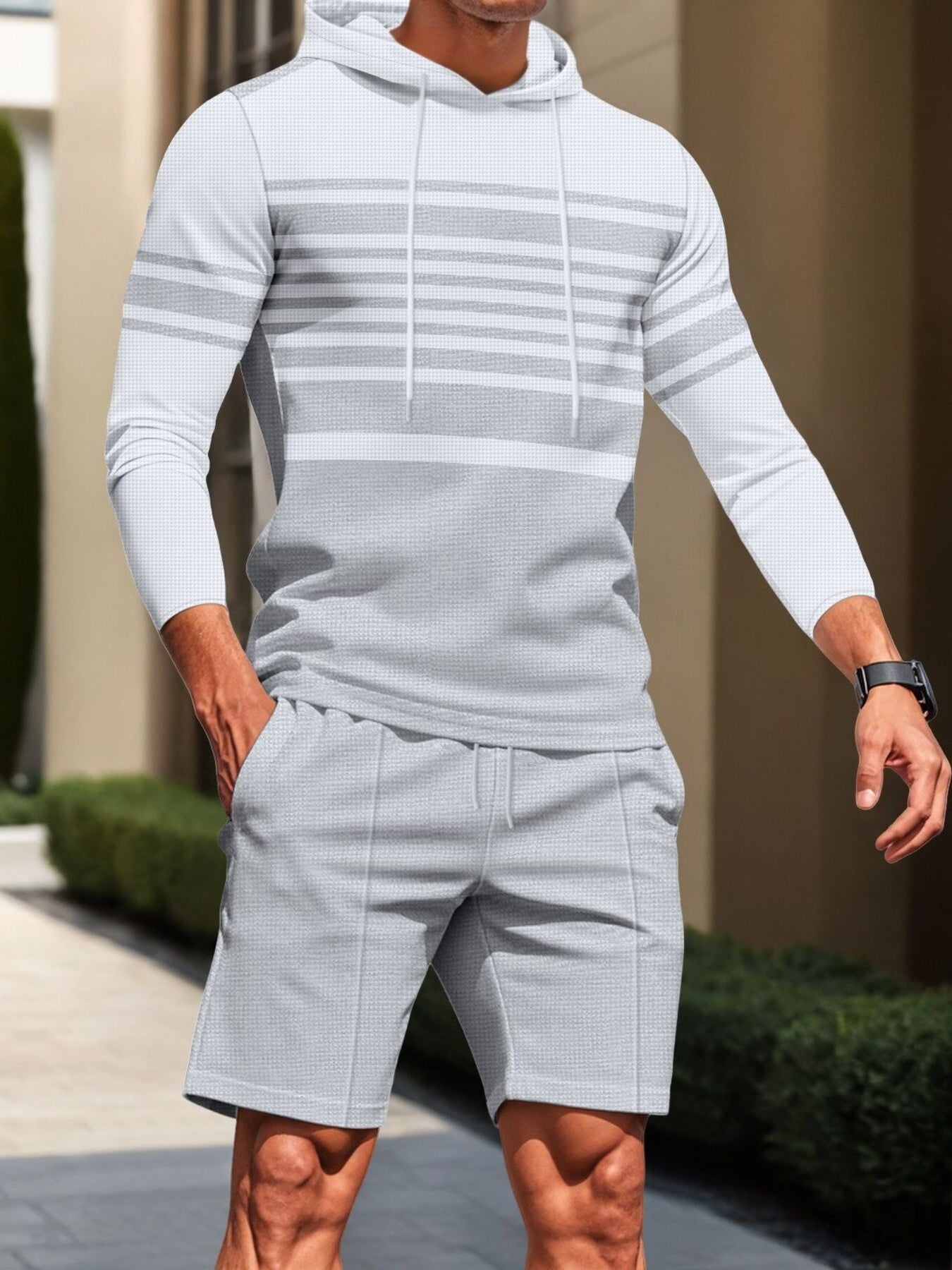 Men's striped hoodie and drawstring shorts set