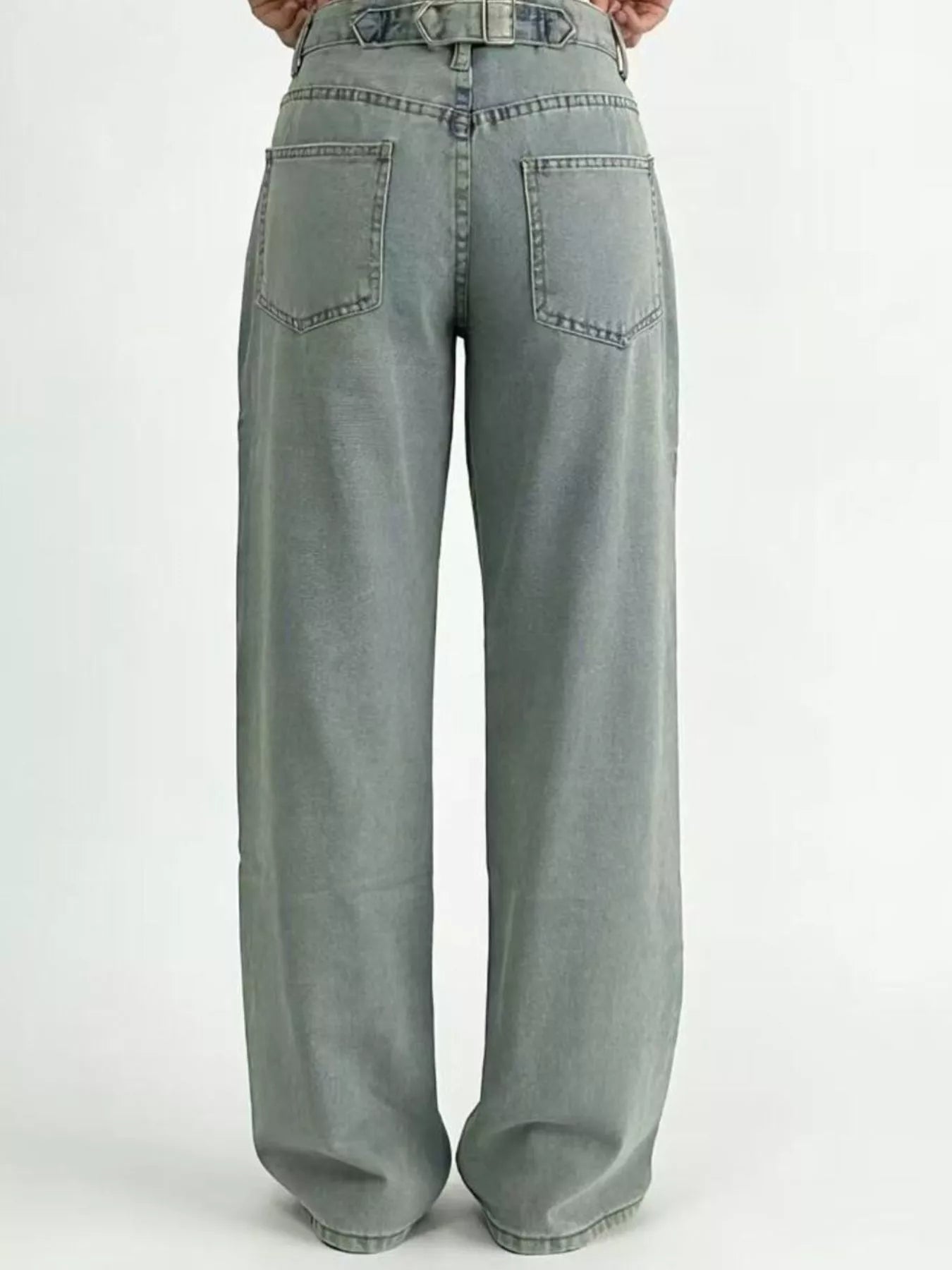 Wide Leg Washed Jeans featuring a back view with pocketed design and a relaxed fit.