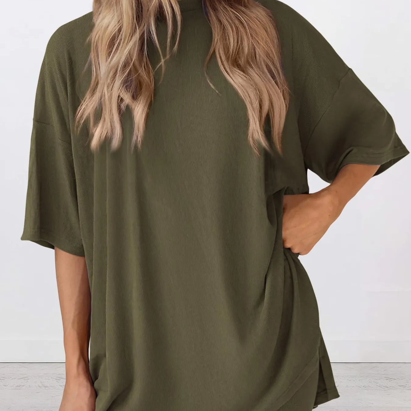 Full Size Oversized Slit Round Neck Top and Shorts Lounge Set Plus Size in olive green