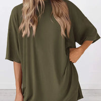 Full Size Oversized Slit Round Neck Top and Shorts Lounge Set Plus Size in olive green