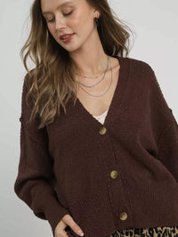Umgee Button-Front V-Neck Knit Cardigan in brown, featuring a button closure and flattering V-neck design.