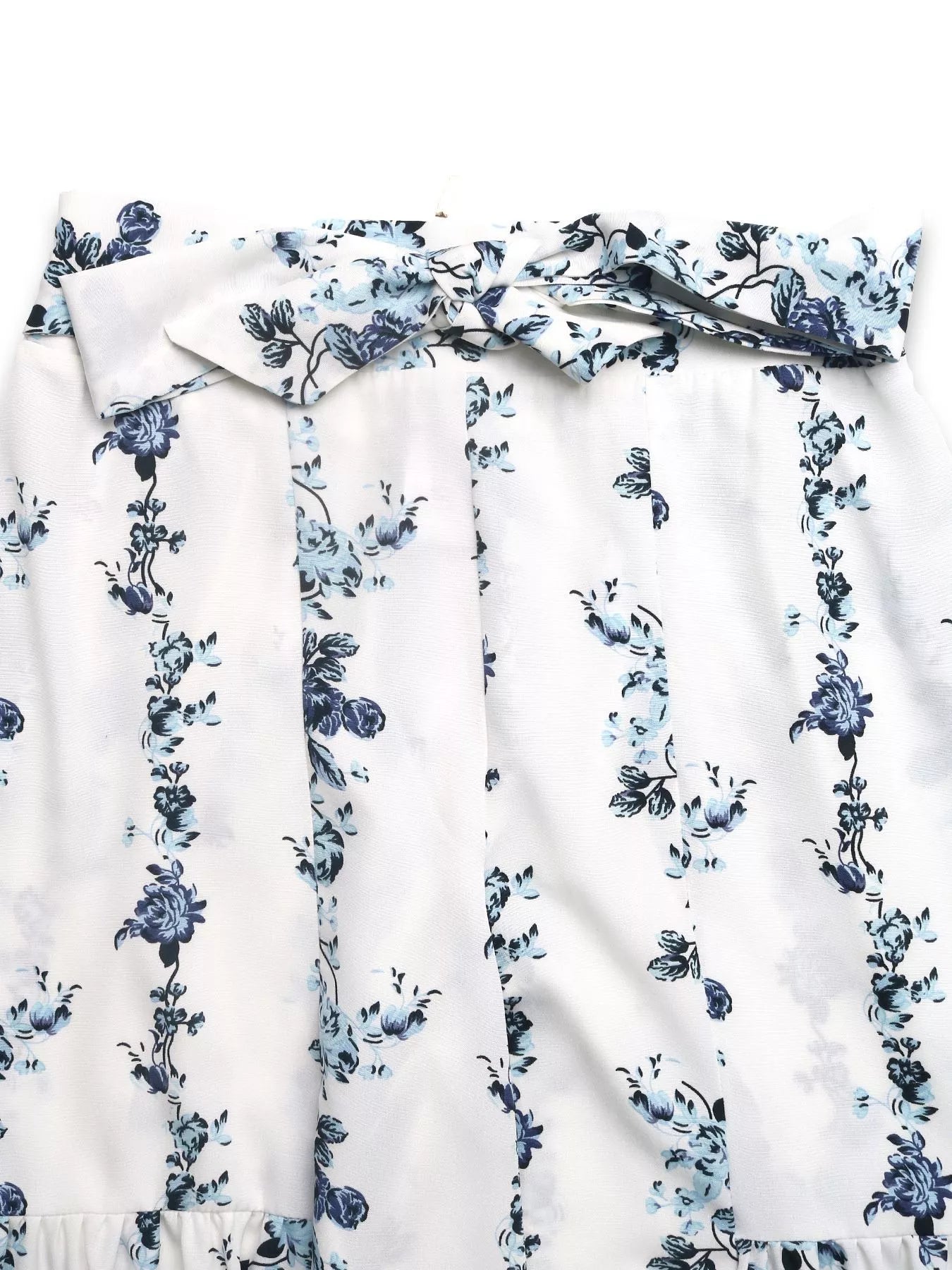 Floral Print Tie Front Wide Leg Pants featuring a tied design with a beautiful blue floral print on a white background.