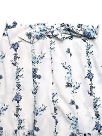 Floral Print Tie Front Wide Leg Pants featuring a tied design with a beautiful blue floral print on a white background.