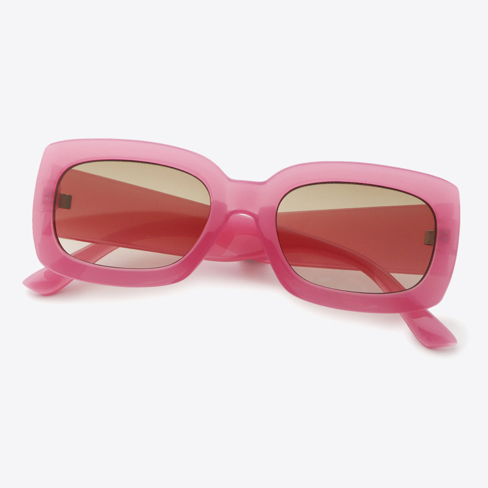 Polycarbonate Frame Rectangle Sunglasses in pink, featuring UV400 protection and trendy oversized design.