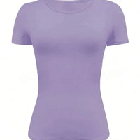 Round Neck Short Sleeve T-Shirt in purple color showcasing a basic style, made from polyester and elastane blend.