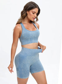 Scoop Neck Wide Strap Top and Shorts Active Set model showcasing blue activewear for workouts.