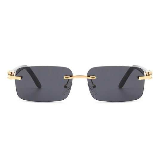 Rimless Rectangle Retro Tinted Fashion Sunglasses with plastic and metal frames and polycarbonate lenses.