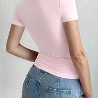Round Neck Short Sleeve T-Shirt in soft pink, showcasing a fitted design and back view, perfect for casual wear.