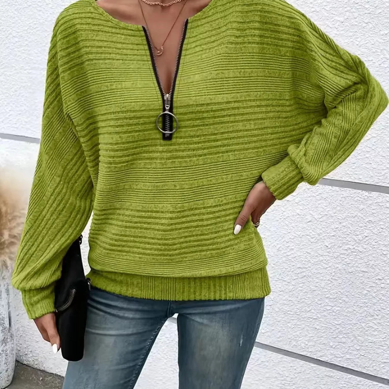 Ribbed Knit Quarter Zip Sweatshirt in green, featuring a stylish zipper and relaxed fit, perfect for casual wear.