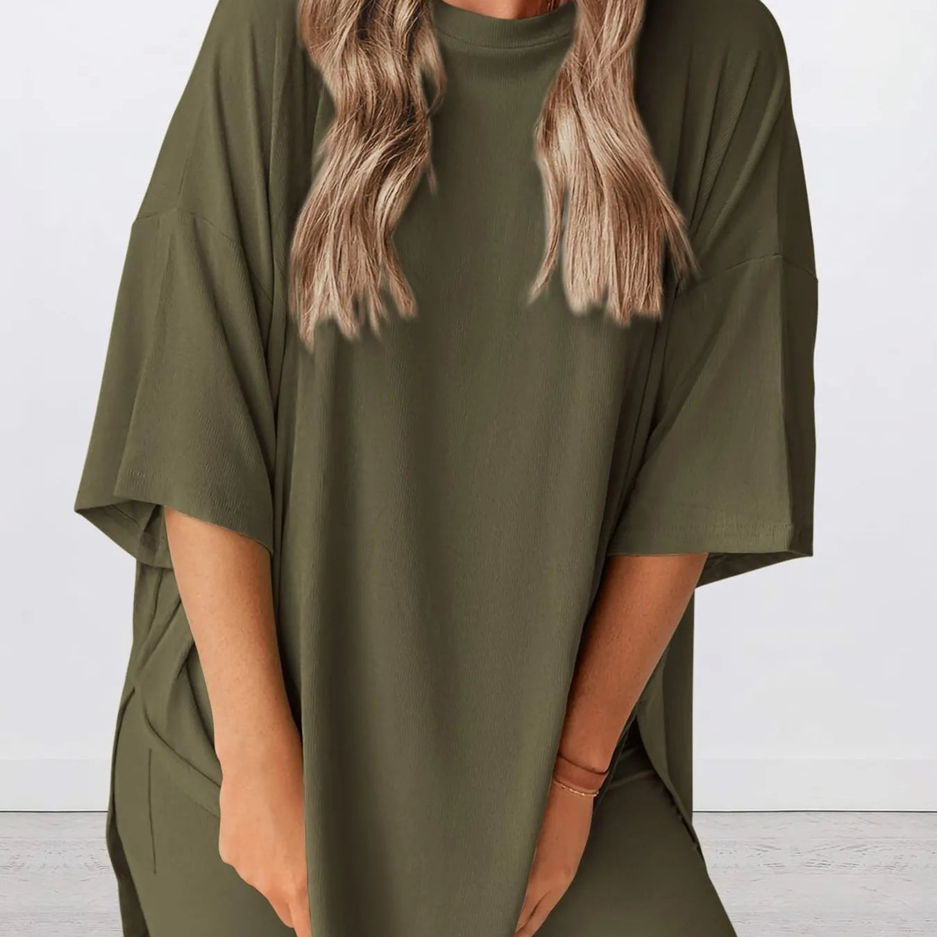 Full Size Oversized Slit Round Neck Top and Shorts Lounge Set Plus Size in olive green worn by a model.