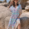 Printed Puff Sleeve Ruched Midi Dress