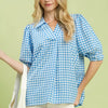 Umgee Gingham Puff Sleeve Collared Blouse