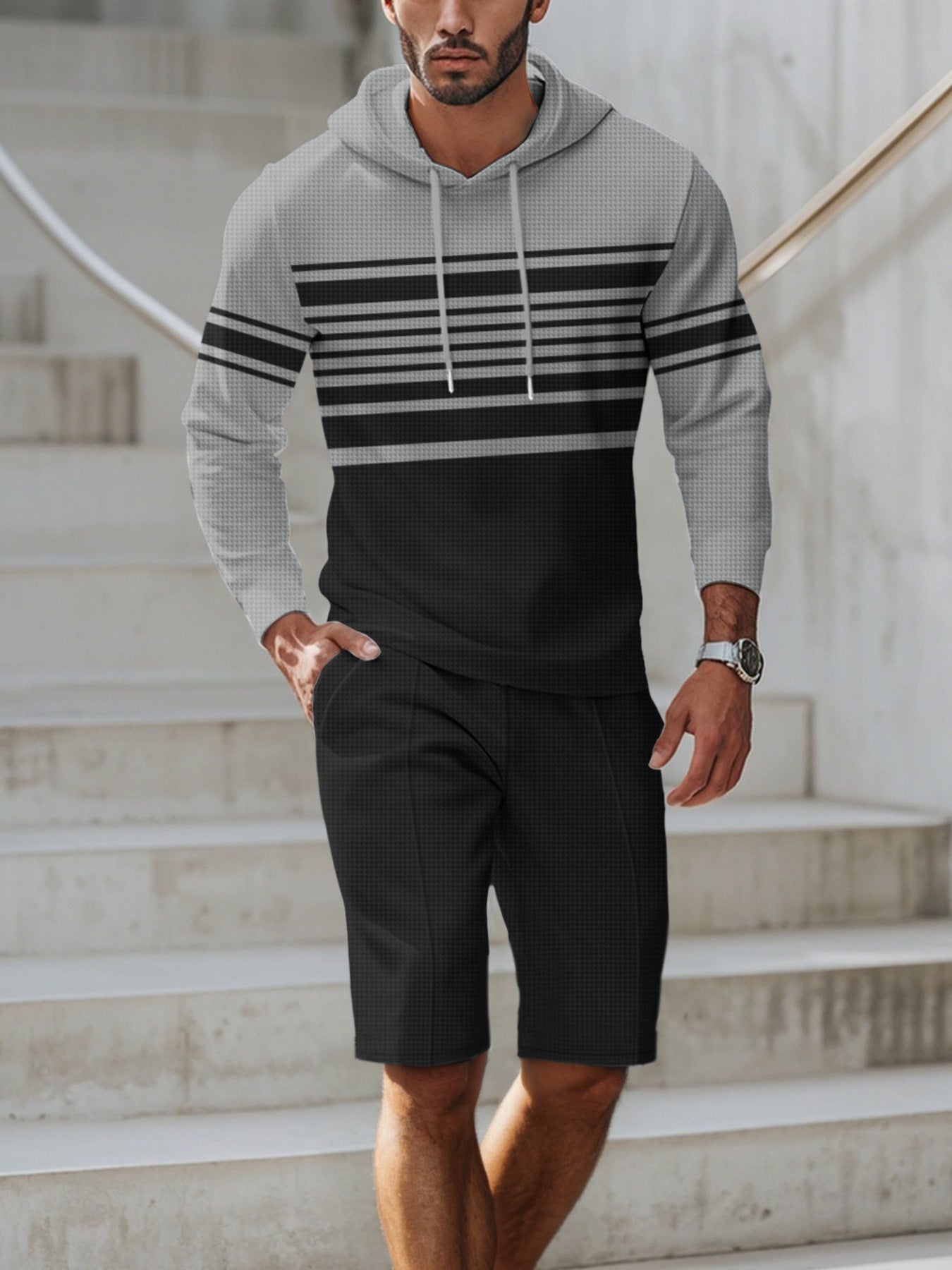 Men's striped hoodie and drawstring shorts set