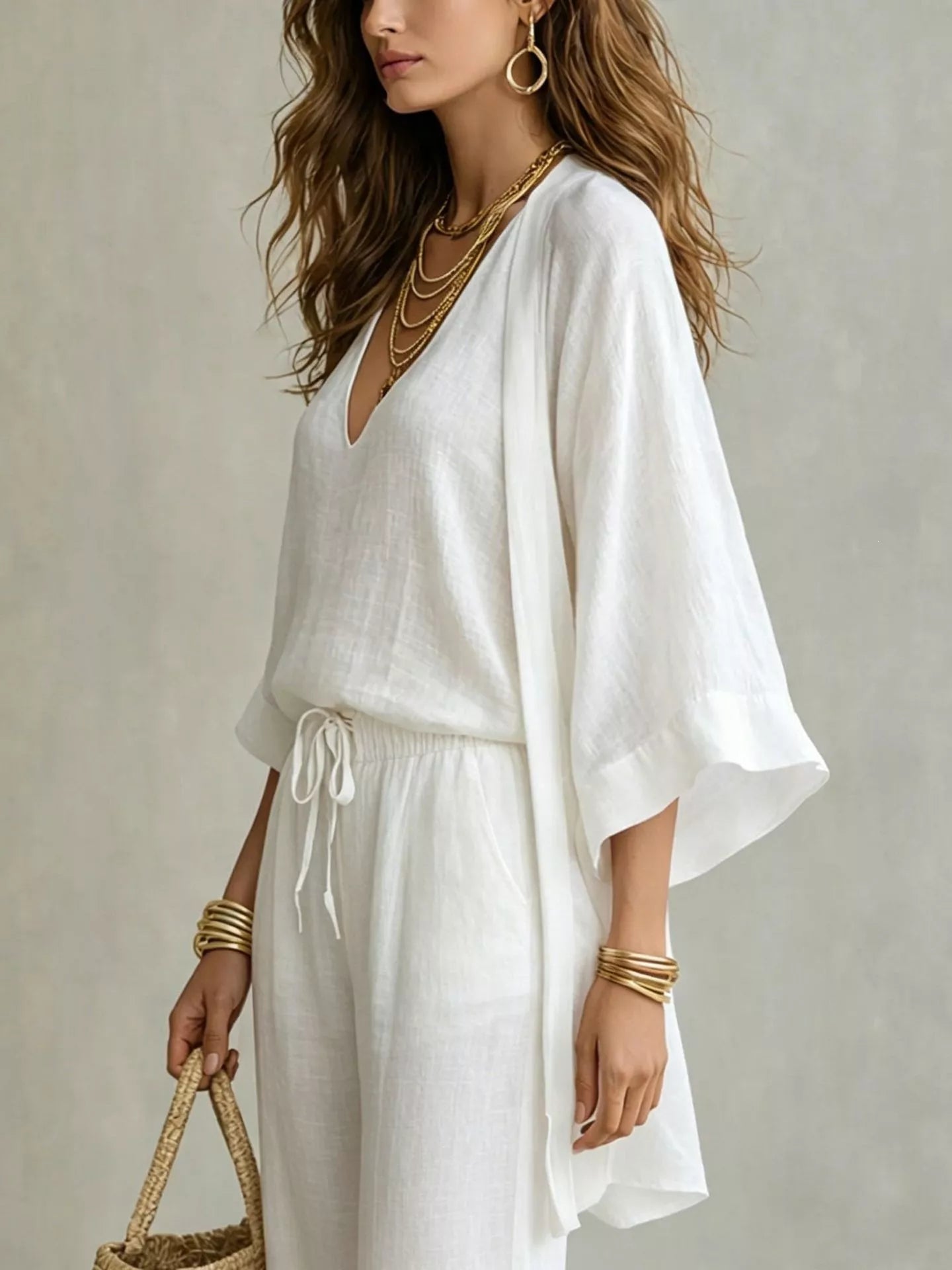 The Marlowe Three-Piece Set – cardigan layered over V-neck tank, front view