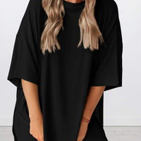 Full Size Oversized Slit Round Neck Top and Shorts Lounge Set Plus Size in black worn by model.