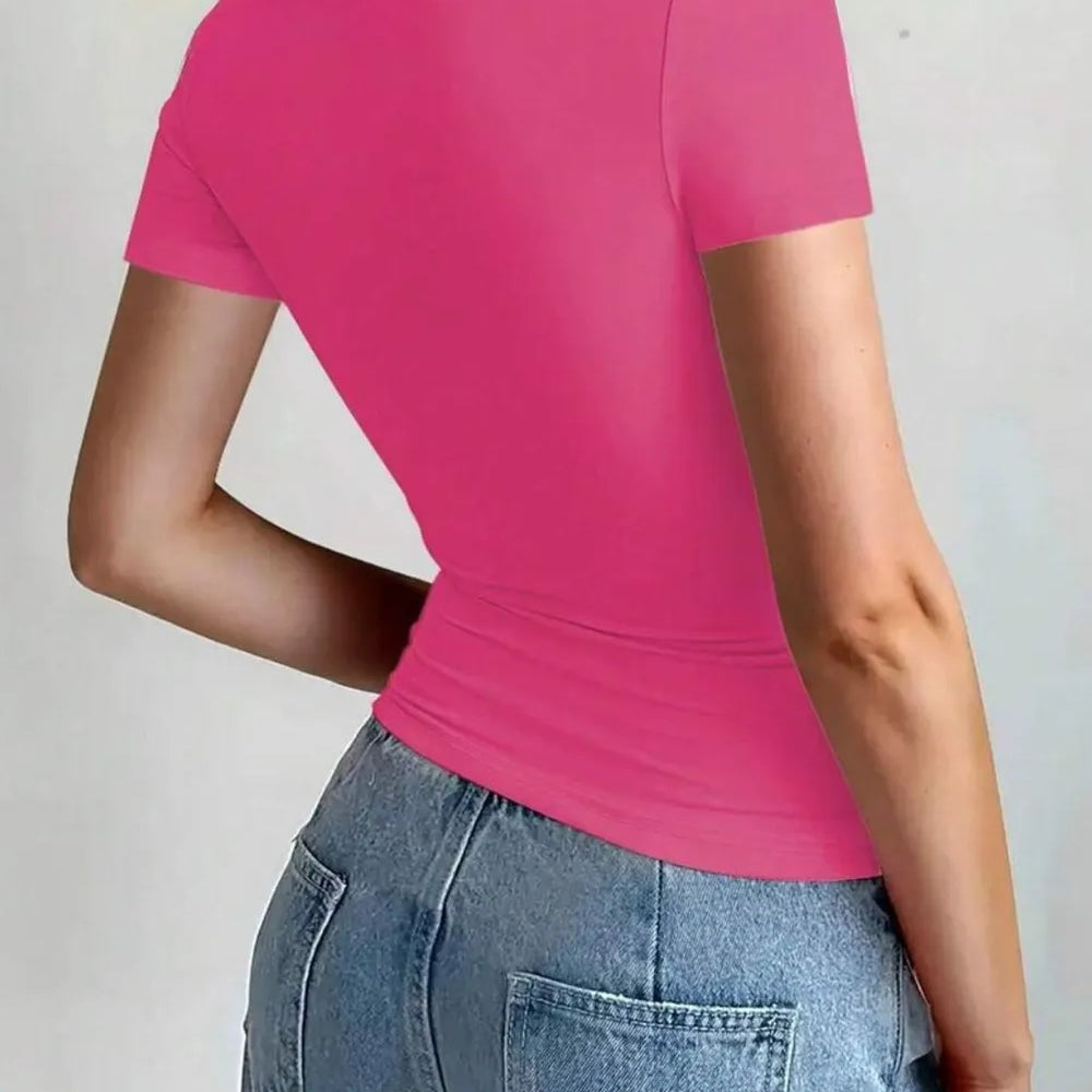 Round Neck Short Sleeve T-Shirt in vibrant pink color, showcasing a fitted silhouette and short sleeves.