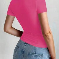 Round Neck Short Sleeve T-Shirt in vibrant pink color, showcasing a fitted silhouette and short sleeves.