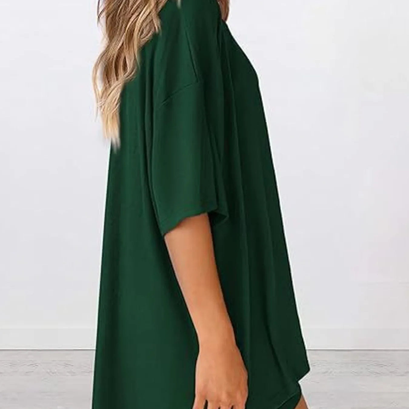 Full Size Oversized Slit Round Neck Top and Shorts Lounge Set Plus Size in green, featuring a relaxed fit and side slit.
