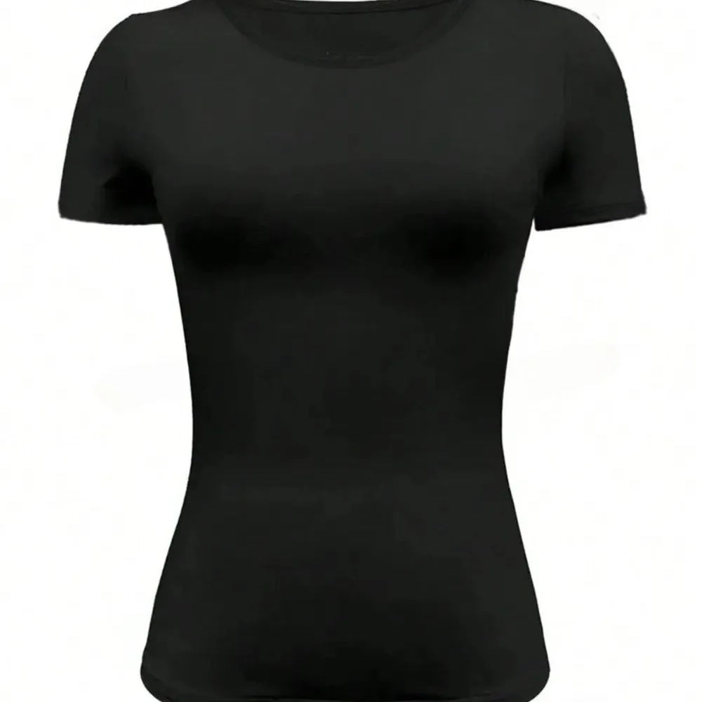 Round Neck Short Sleeve T-Shirt in black, featuring a fitted style with short sleeves and a round neckline.