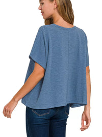 Zenana Cotton Slub Oversized Tee in Dusty Blue worn from behind, showcasing its relaxed, modern style.