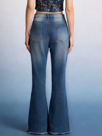 Back view of Raw Hem High-Waisted Flare Jeans showcasing the raw hem and pocketed design.