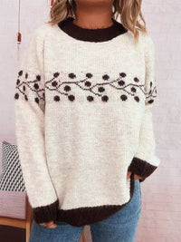 Contrast Hem Round Neck Sweater featuring cozy knit design with floral pattern and contrast hem detail.