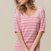 BiBi Stripe Short Sleeves Collared V Neck Top