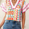 Mixed Print Contrast Trim Striped Patchwork Tiered Short Sleeve Blouse