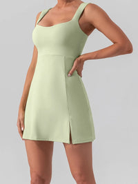 Square Neck Sleeveless Slit Mini Active Dress in light green with side slit and modern square neckline.