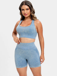Scoop Neck Wide Strap Top and Shorts Active Set in denim blue, perfect for workouts and maximum comfort.