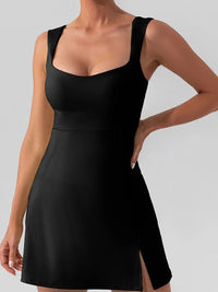 Square Neck Sleeveless Slit Mini Active Dress in sleek black fabric with modern cut and side slit for comfort and style.