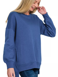 Zenana Fleece Hi-low Boyfriend Sweatshirts with Pockets in LT Navy worn by model, showcasing relaxed fit and stylish hemline.