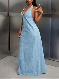 Backless Halter Neck Maxi Denim Dress showcasing a stylish woman in a modern, elegant design perfect for special occasions.