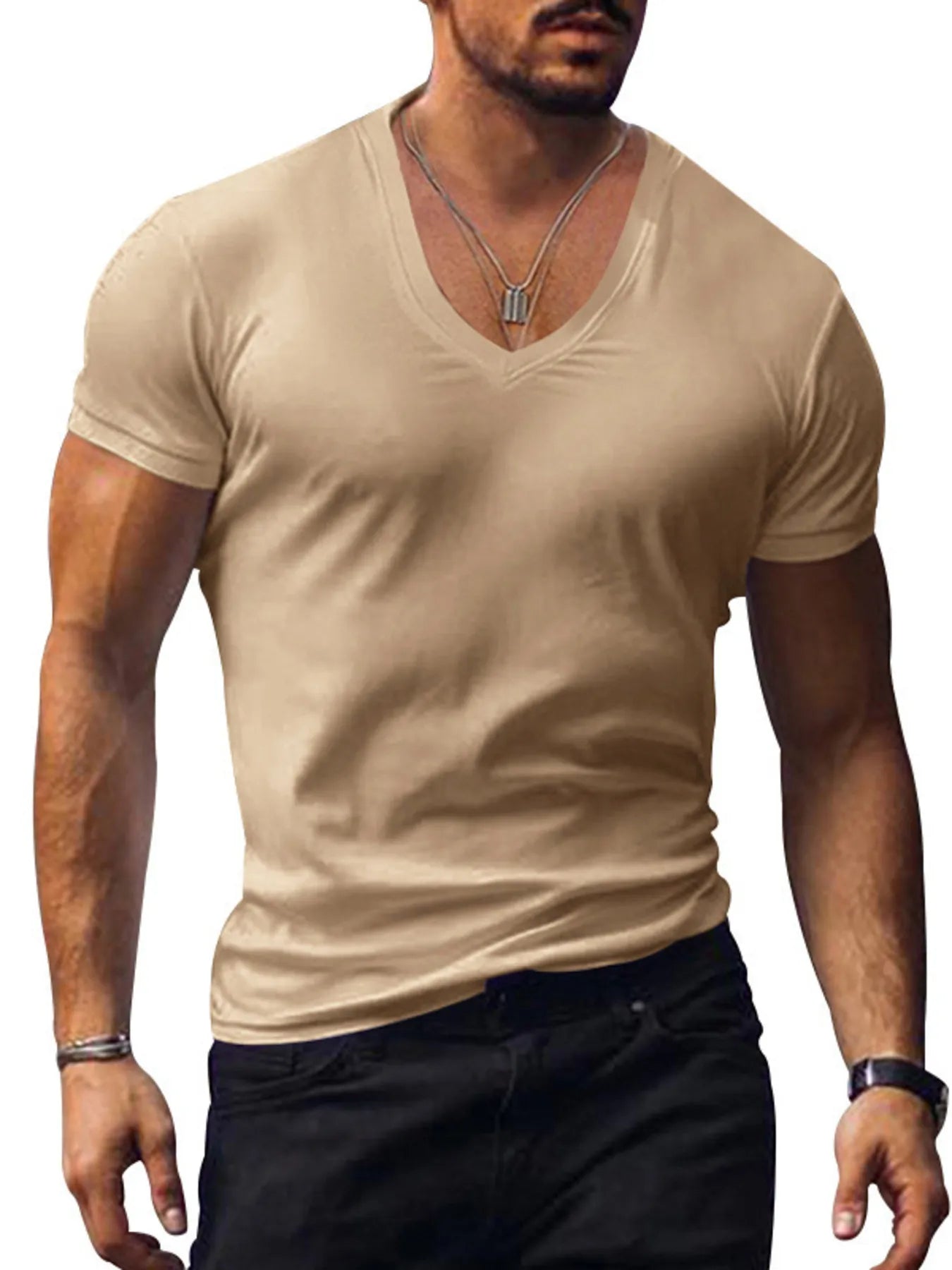 Men's plus size v-neck t-shirt in beige color, short sleeves, slightly stretchy fabric for comfort.