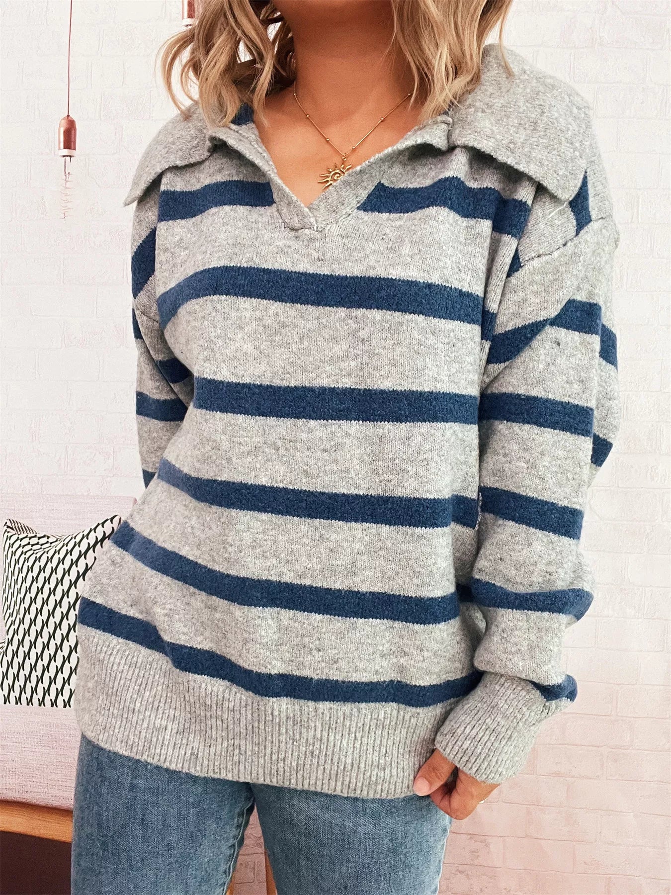 Striped Dropped Shoulder Sweater with grey and blue stripes, featuring a relaxed fit and oversized silhouette.