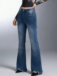 Raw Hem High-Waisted Flare Jeans styled with a fitted top, showcasing the raw hem and flared bottom.