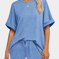 Round Neck T-Shirt and Drawstring Shorts Set in blue showcasing relaxed style and comfort.