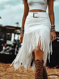 Asymmetrical Fringe Skirt with a belt, featuring white fringe details and a stylish design.