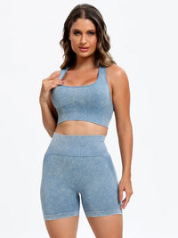 Scoop Neck Wide Strap Top and Shorts Active Set in blue, designed for comfort and flexibility during workouts.