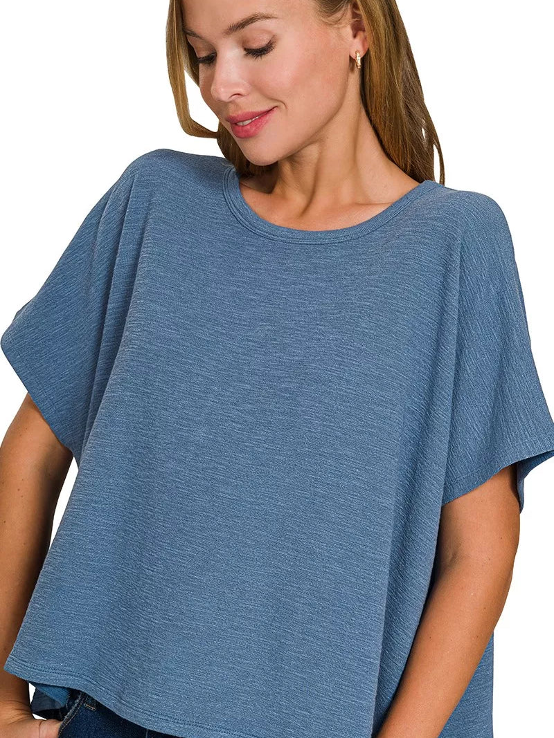 Zenana Cotton Slub Oversized Tee in Dusty Blue, soft and breathable oversized fit, perfect for casual wear.