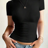 Round Neck Short Sleeve T-Shirt in black, featuring a fitted style and short sleeves.