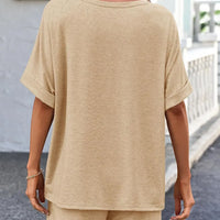 Back view of woman wearing a Round Neck T-Shirt and Drawstring Shorts Set in beige color.