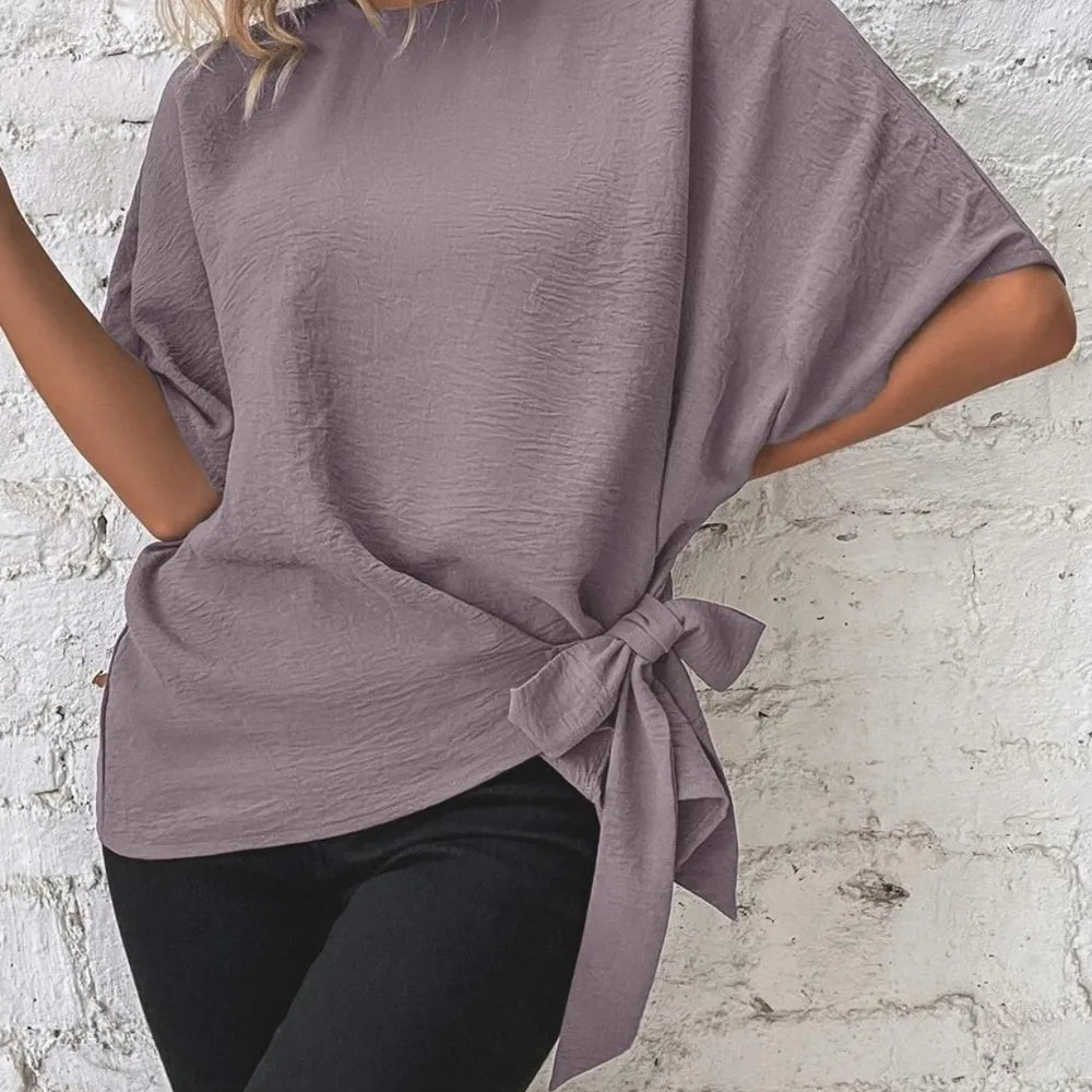Knotted Round Neck Half Sleeve Blouse in mauve with side tie detail, perfect for casual wear.