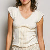 POL V-Neck Lightweight Textured Short Sleeve Knit Top with Lace Trim